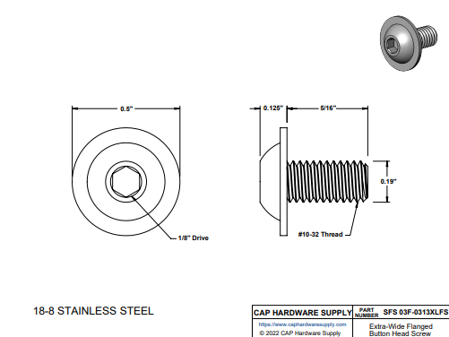 XL Button Screw 10-32x5/16" 18-8 SS